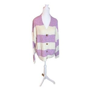 Wynter Striped Cardigan Button-Down Knit Sweater Purple Cream‎ Oversized L NWOT